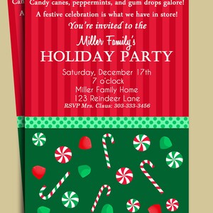 May include: Holiday party invitation with a red and green color scheme. The invitation features candy canes, peppermints, and gumdrops. The text reads "Miller Family's Holiday Party" with the date, time, and location.