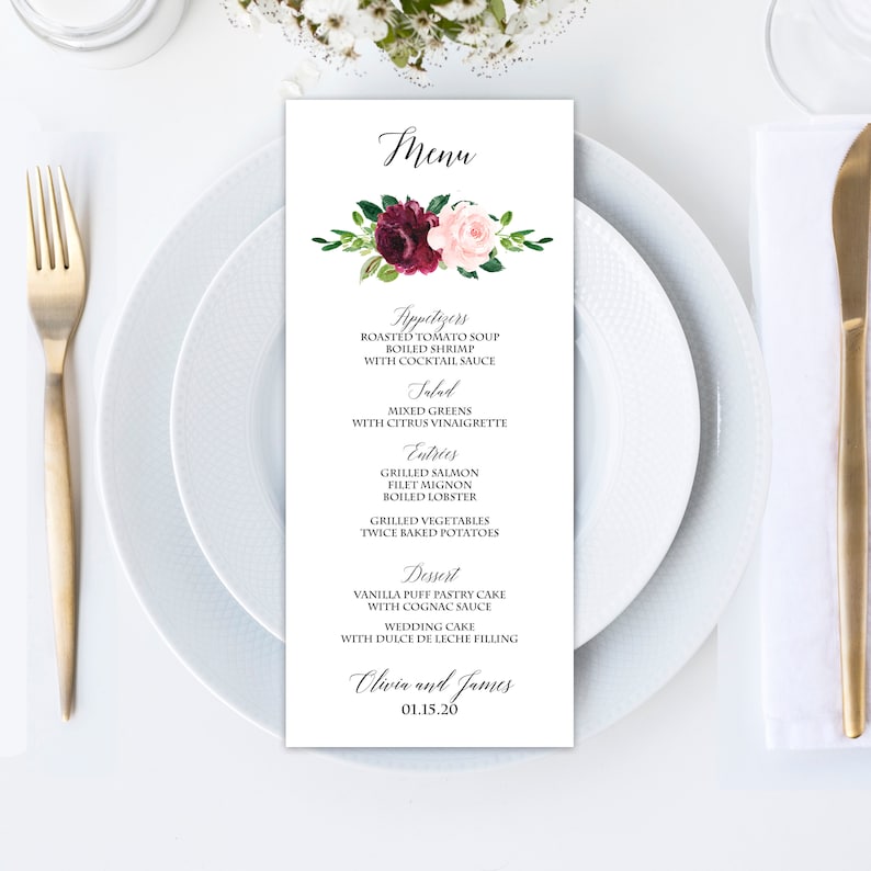 May include: A wedding menu with a floral design in shades of burgundy and pink. The menu lists appetizers, salad, entrees, and dessert. The text at the bottom reads "Olivia and James 01.15.20".