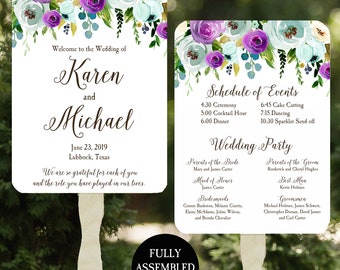 Purple Dusty Blue Wedding Program Fans Assembled Hand Fans on a Stick - Lavender Lilac Steel Blue