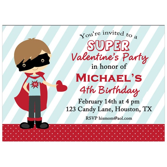 Valentine Boy Superhero Invitation Printable or Printed withFREE SHIPPING - You Pick Hair Color/Skin Tone - Valentine's Birthday Party Il_570xn