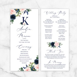 Blush and Navy Wedding Programs PRINTED Personalized Flat Panel Two Sided  Navy and Blush Amelia Collection TPC9006