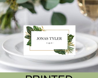 Tropical Place Cards Tented or Flat Wedding Birthday Personalized Printed - Amelie Gold Palms Collection TPC9049