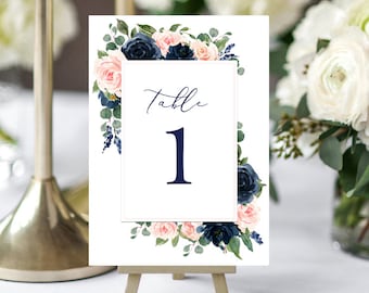 Wedding Table Number Cards 5x7" Printed - Navy and Blush Amelia Collection TPC9006