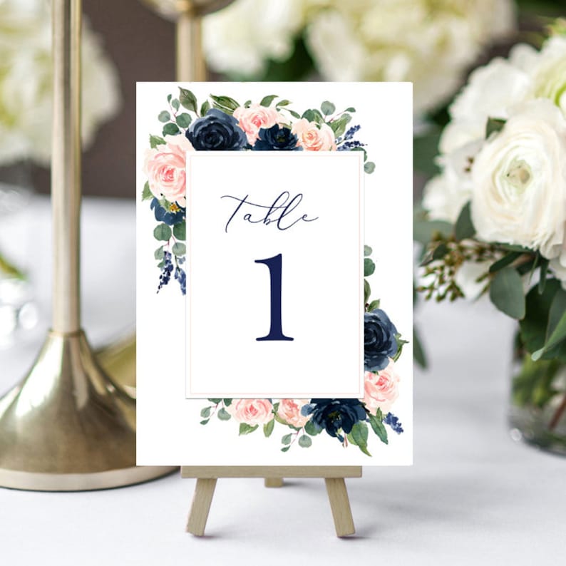 Wedding Table Number Cards 5x7 Printed Navy and Blush Amelia Collection TPC9006 image 1