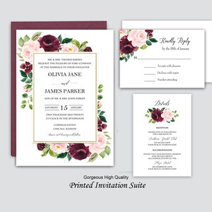May include: A wedding invitation suite with a floral design featuring burgundy and blush pink flowers. The invitation includes the names Olivia Jane and James Parker, the date Saturday, January 15, 2020, and the time 2:00 PM. The invitation also includes the location Cornelia Estate, Chicago, Illinois. The RSVP card includes the text "Kindly Reply by the fifth of January". The details card includes the text "Reception" and "Southern Yacht Club".