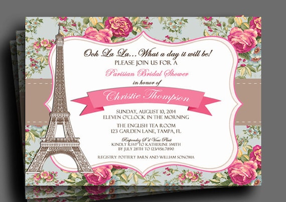Shabby Chic Paris or Any Occasion Vintage Floral Parisian Invitation Printable or Printed with FREE SHIPPING Bridal Shower Birthday