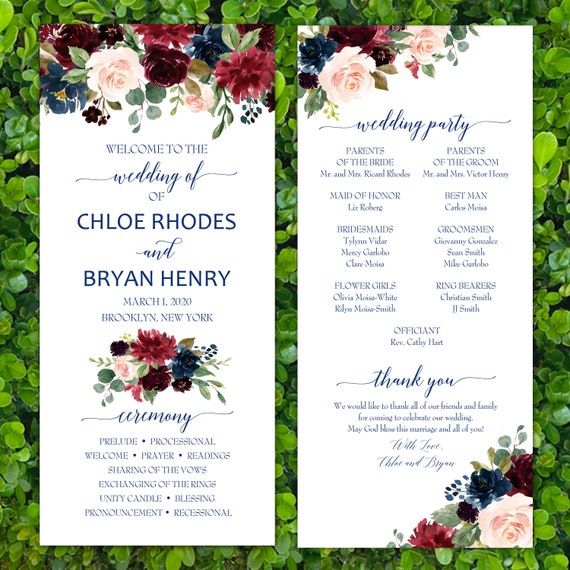 Wedding Program Personalized Printable or Printed with FREE Shipping - Navy Burgundy Blush Chloe Collection Il_570xn