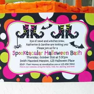 May include: A Halloween party invitation with a black background and colorful polka dots. The invitation features witch legs, bats, and the text "Spooktacular Halloween Bash". The invitation includes the date, time, and location of the party.