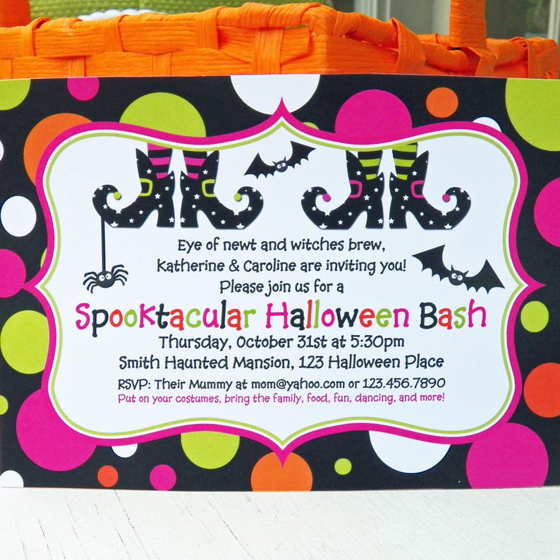 May include: A Halloween party invitation with a black background and colorful polka dots. The invitation features witch legs, bats, and the text "Spooktacular Halloween Bash". The invitation includes the date, time, and location of the party.