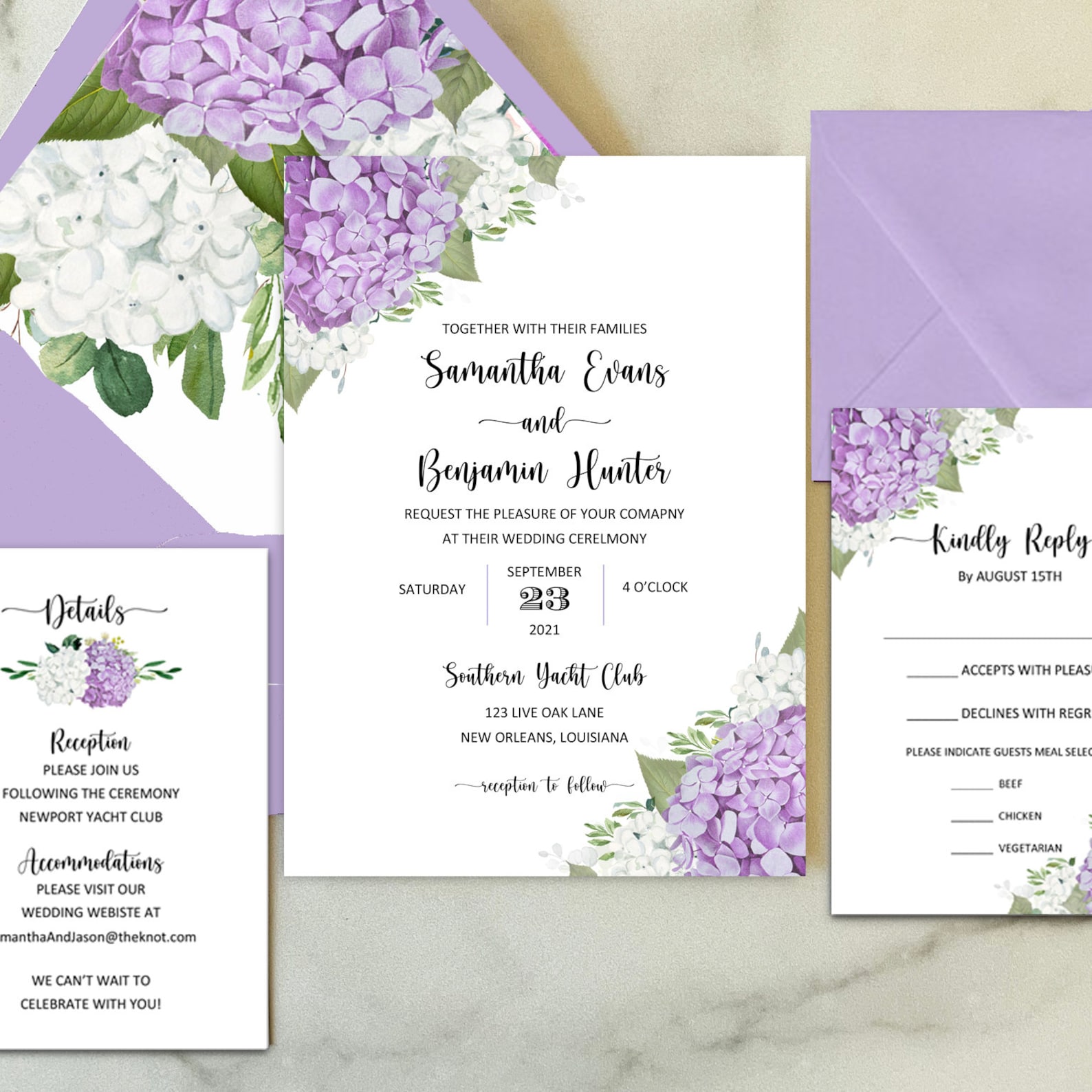 Purple-themed wedding - lavender wedding invitations suite
