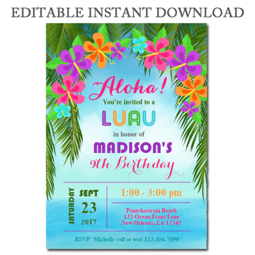 EDITABLE Luau Invitation Instant Download Printable - Luau Palms ...