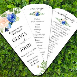 Peach and Blue Wedding Program Petal Fans Assembled Greenery - Peach Blue Collection