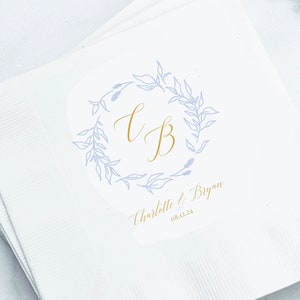Blue Gold Monogram Wedding Birthday Cocktail Beverage Napkins Golden Wreath Collection TPC9066