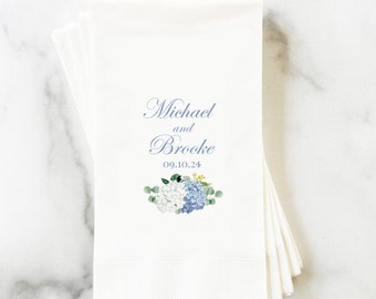 Blue Hydrangea Guest Towel Napkin Wedding Birthday Rehearsal Dinner Couples Shower Napkins Dusty Blue Hydrangea Elizabeth Collection TPC9001