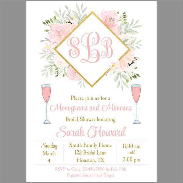 Monograms and Mimosas Invitation Printable or Printed with FREE SHIPPING - Pink Blush Gold Collection