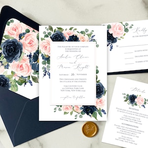 Navy and Blush Wedding Invitations Wedding Invitation Suite Engagement Party Couples Shower Navy and Blush Amelia Collection TPC9006