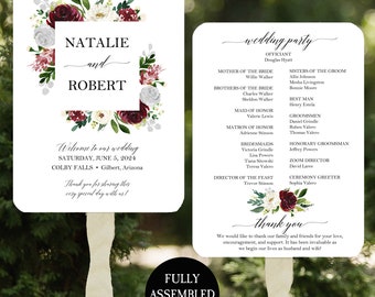 Burgundy Wedding Program Fans Printable or Printed Assembled  - Burgundy and Silver Natalie Collection TPC9084