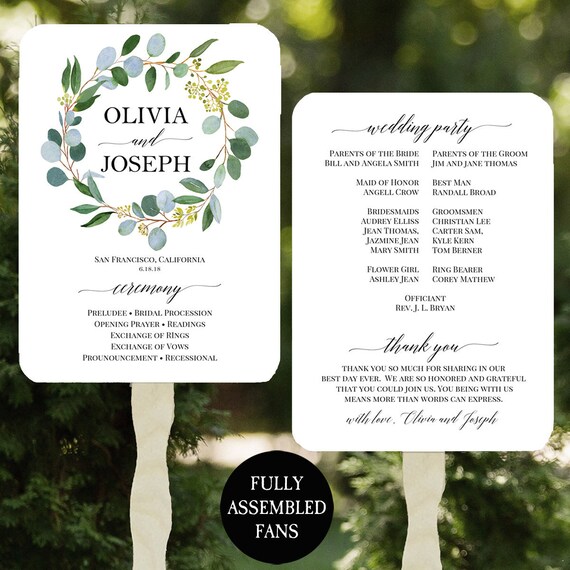 Wedding Program Fans Printable or Printed/Assembled with FREE Shipping - Eucalyptus Wreath Collection Il_570xn