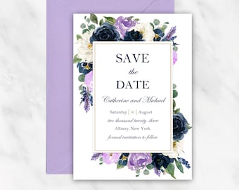 Navy and Lavender Save the Date Invitations Engagement Party Couples Shower Rehearsal - Lilac Lavender Hailey Collection TPC9012
