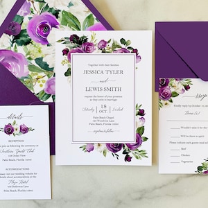 Purple Wedding Invitations Invitation Suite Printed Engagement Shower Rehearsal - Elegant Floral in Purple Jessica Collection TPC9023