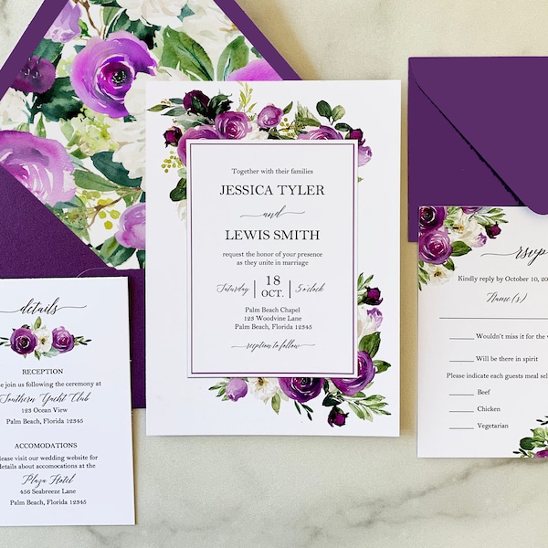 Purple Wedding Invitations Invitation Suite Printed Engagement Shower Rehearsal - Elegant Floral in Purple Jessica Collection TPC9023
