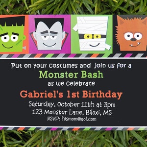 May include: A Halloween-themed invitation with four cartoon monster faces: Frankenstein, a vampire, a mummy, and a werewolf. The invitation reads "Put on your costumes and join us for a Monster Bash" to celebrate Gabriel's 1st Birthday.
