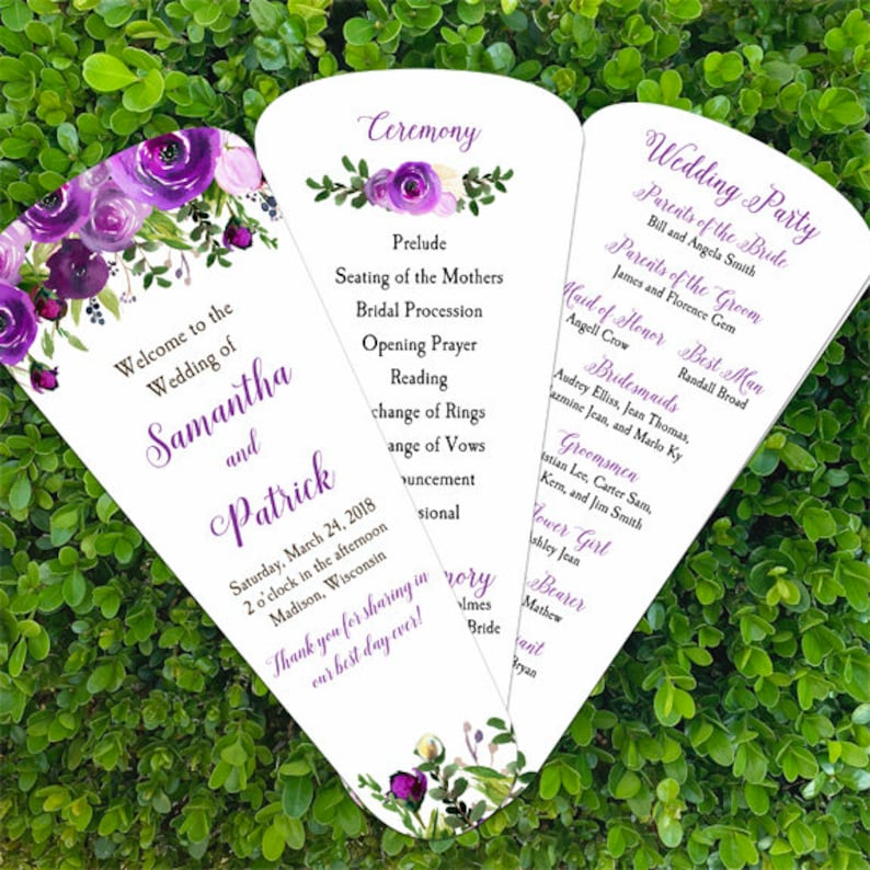 Wedding Program Petal Fans Assembled Greenery Purple Bouquet Etsy