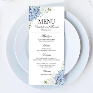 Blue Wedding Menu Printed Birthday Bridal Shower Rehearsal Dinner Dusty Blue Hydrangea Elizabeth Collection TPC9001