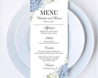Blue Wedding Menu Printed Birthday Bridal Shower Rehearsal Dinner Dusty Blue Hydrangea Elizabeth Collection TPC9001
