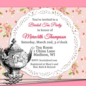 May include: A pink and white floral patterned invitation for a bridal tea party in honor of Meredith Thompson. The invitation includes the date, time, location, and RSVP information.