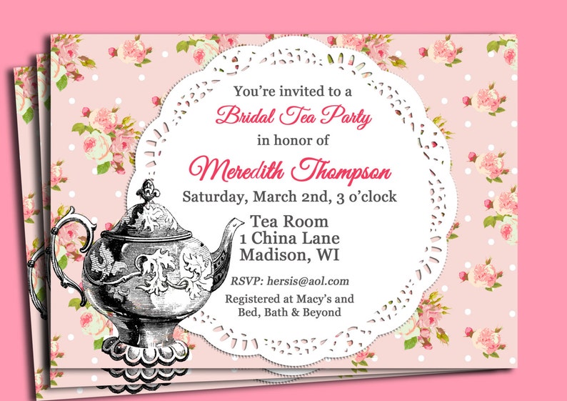 May include: A pink and white floral patterned invitation for a bridal tea party in honor of Meredith Thompson. The invitation includes the date, time, location, and RSVP information.