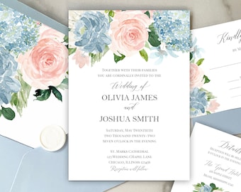 Dusty Blue and Blush Blooms Wedding Invitations Invitation Suite Engagement Shower Rehearsal - Blue and Blush Blooms Collection TPC9013