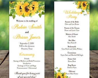 Sunflower Wedding Programs PRINTED Personalized Flat Panel Two Sided Sunflower Robin Collection TPC9002