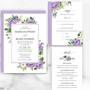 Lavender Wedding Invitations Wedding Invitation Suite Engagement Party Couples Shower Rehearsal - Lilac Lavender Marilyn Collection TPC9002