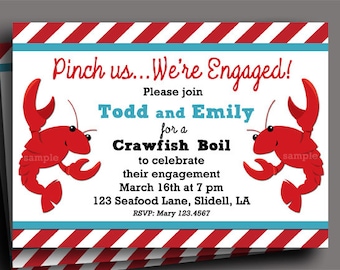 May include: Engagement announcement with a red and white striped border and a light blue stripe. The text reads "Pinch us... We're Engaged!" with details for a Crawfish Boil to celebrate the engagement of Todd and Emily.