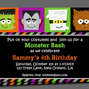 May include: Halloween-themed invitation with cartoon monster faces in orange, purple, green, and brown squares. The invitation text reads "Monster Bash" and announces Sammy's 4th Birthday on October 1st.