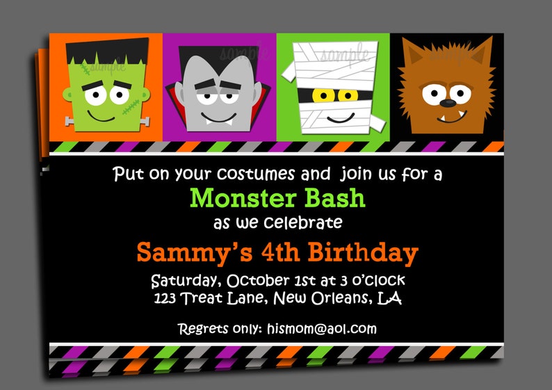 May include: Halloween-themed invitation with cartoon monster faces in orange, purple, green, and brown squares. The invitation text reads "Monster Bash" and announces Sammy's 4th Birthday on October 1st.