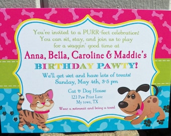 Cat and Dog Invitation Printable or Printed with FREE SHIPPING - Kitty and Puppy - Meow, Sit Stay and Play Collection