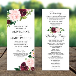 May include: Wedding invitation with a floral design in shades of pink and burgundy. The invitation includes the names Olivia Jane and James Parker, the date January 15, 2020, and the location Cornelia Estate, Chicagi, Illinois. The back of the invitation lists the wedding party.