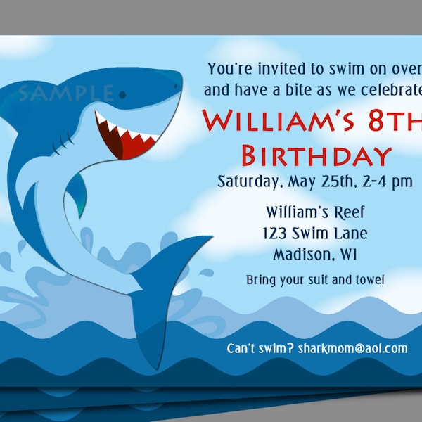 Shark Birthday Invitation: Boy's Pool Party, Waterslide (Printable or Printed)