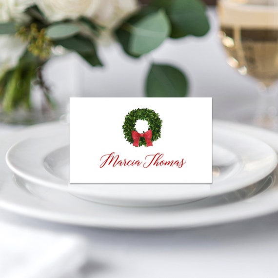 Christmas Place Cards Tented or Flat Personalized Printed - Lunch Brunch Dinner - Christmas Wreath with Bow Il_570xn