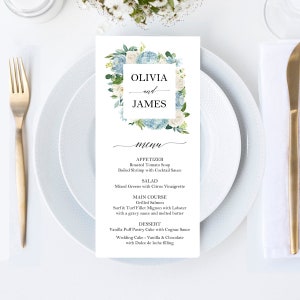 Blue Wedding Menu Printed Birthday Graduation Rehearsal Dinner - ANY Wording Camille  Hydrangea Collection TPC9007
