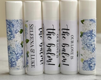 Blue Hydrangea Lip Balm Our Love is the Balm Favors Wedding Bridal Shower Proposal Personalized Blue Hydrangea Collection TPC9001