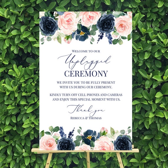 Unplugged Wedding Welcome Sign Navy and Blush Amelia Collection Il_570xn