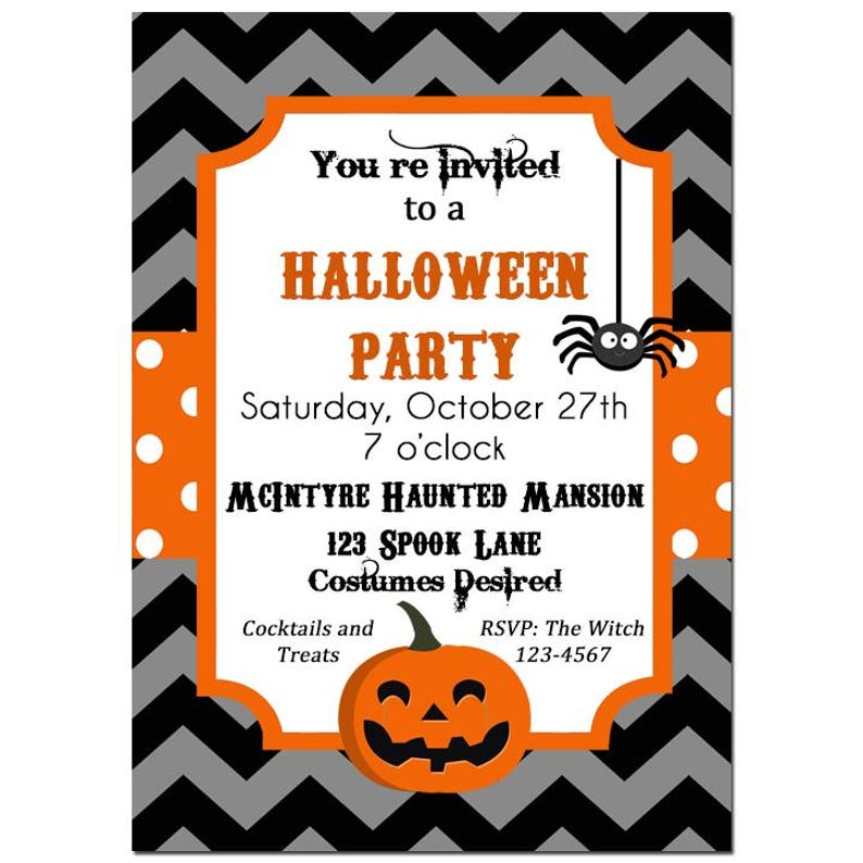 May include: Halloween party invitation with a black and gray chevron background. The invitation features an orange border with white polka dots and a jack-o'-lantern graphic. Text includes "Halloween Party" and event details.