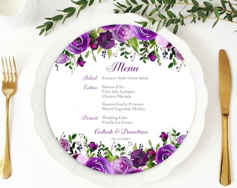 Purple Circle Round Menu Wedding Rehearsal Dinner Luncheon Printed Bridal Lunch Couples Shower Monogram Purple Jessica Collection TPC9023