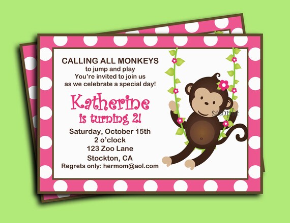 Monkey Girl Invitation Printable Or Printed With Free Shipping Monkey Girl Invitation Printable Or Printed With Free Shipping