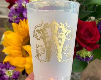 Monogram Printed Frosted Cups 12oz Custom Wedding Reception Engagement Party Stock the Bar Shatterproof Cups Birthday Party