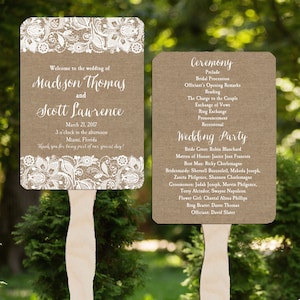 May include: A wedding ceremony program and wedding party information printed on a brown burlap background with white lace trim. The program includes the names of the bride and groom, Madison Thomas and Scott Lawrence, the date and time of the ceremony, and the names of the wedding party members.
