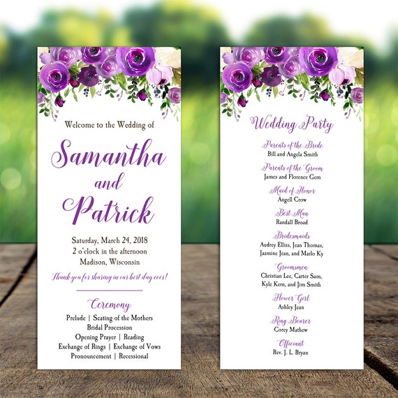 Purple Wedding Program Personalized Printable or Printed with FREE Shipping - Elegant Floral in Purple Collection Il_570xn